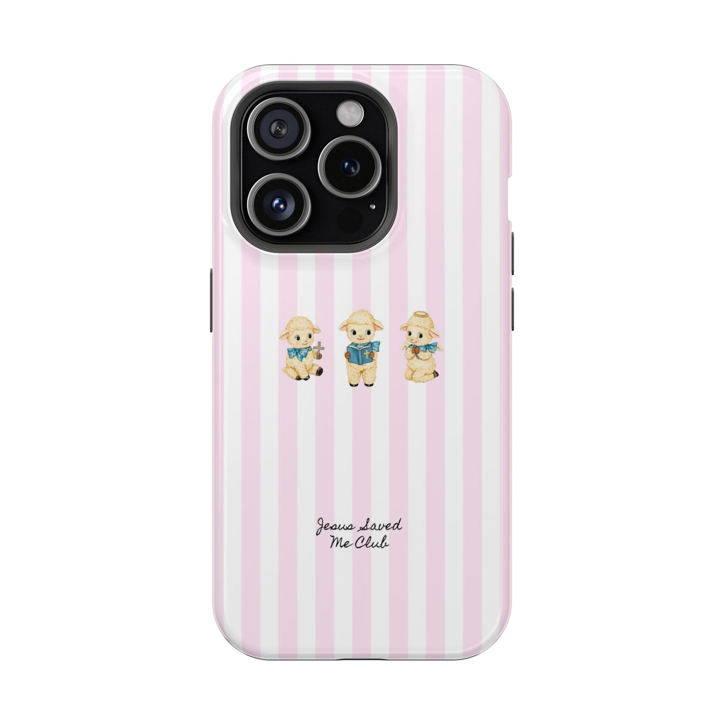 Christian Phone Case - 3 Little Lambs Pink Stripe MagSafe Case